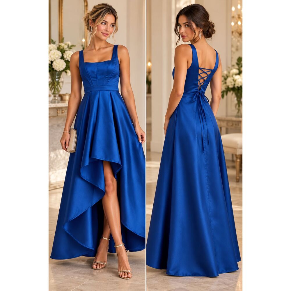 Lulus Wisola Maxi Dress Blue Taffeta Pleated Corset Hi Lo Size M NWT